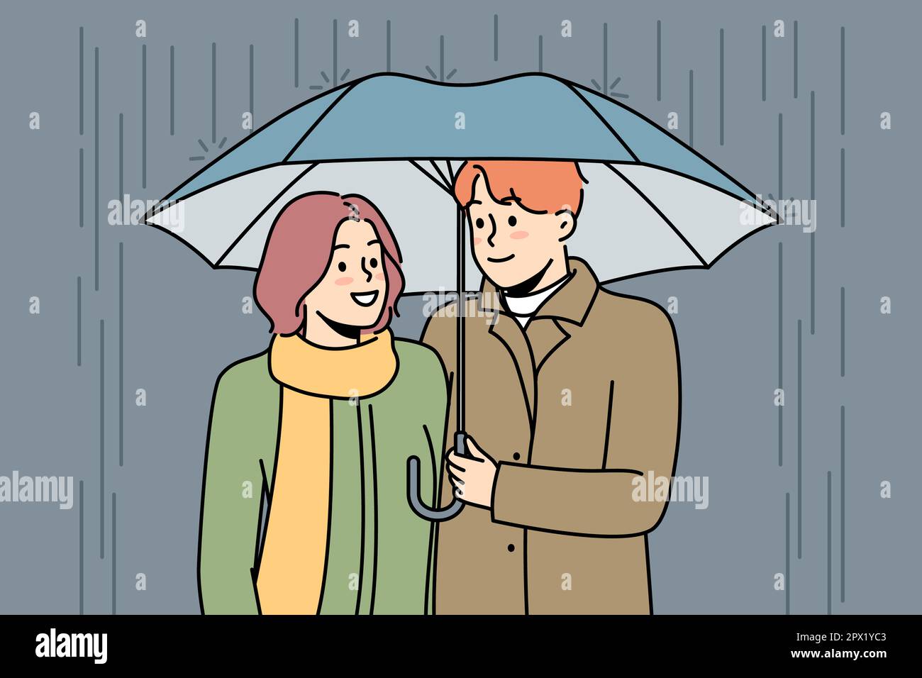 Felice coppia che cammina sotto l'ombrello sotto la pioggia. Uomo e donna  sorridenti godono di data all'aperto in tempo piovoso. Concetto di  relazioni. Illustrazione vettoriale Foto stock - Alamy