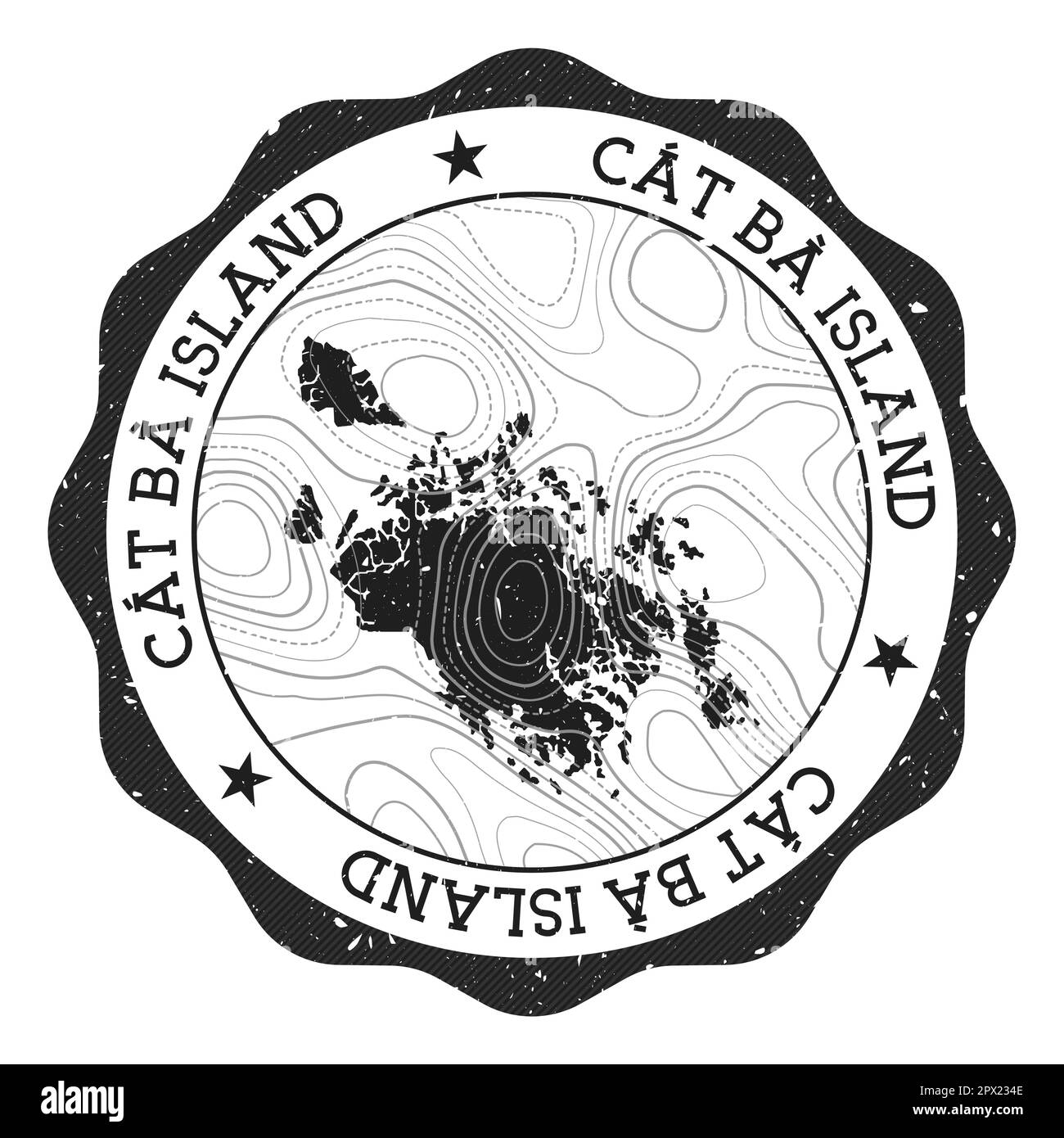Francobollo esterno di Cat Ba Island. Adesivo rotondo con mappa con isolinee topografiche. Illustrazione vettoriale. Illustrazione Vettoriale