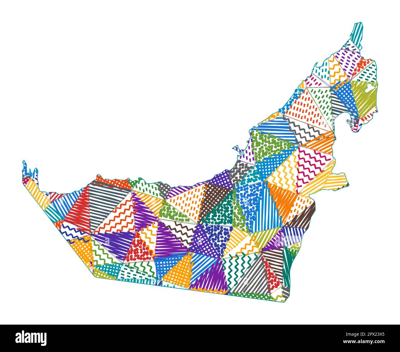Mappa in stile capretto degli Emirati Arabi Uniti. Poligoni disegnati a mano a forma di UAE. Illustrazione vettoriale. Illustrazione Vettoriale