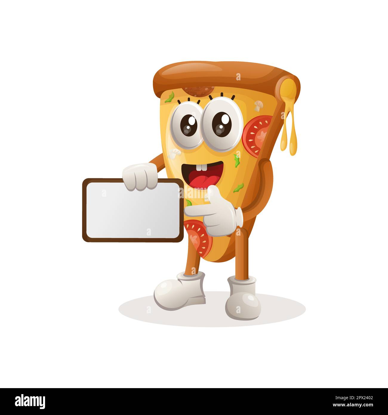 Cute pizza mascotte che tiene i cartelloni per la vendita, cartello. Perfetto per negozi di alimentari, piccole aziende o e-commerce, articoli promozionali e adesivi, banner promozionale Illustrazione Vettoriale