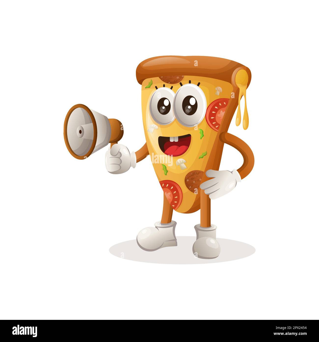 Mascotte della pizza carina che tiene il megaphone. Perfetto per negozi di alimentari, piccole imprese o e-commerce, merchandise adesivi, promozione banner, blog di revisione alimentare Illustrazione Vettoriale