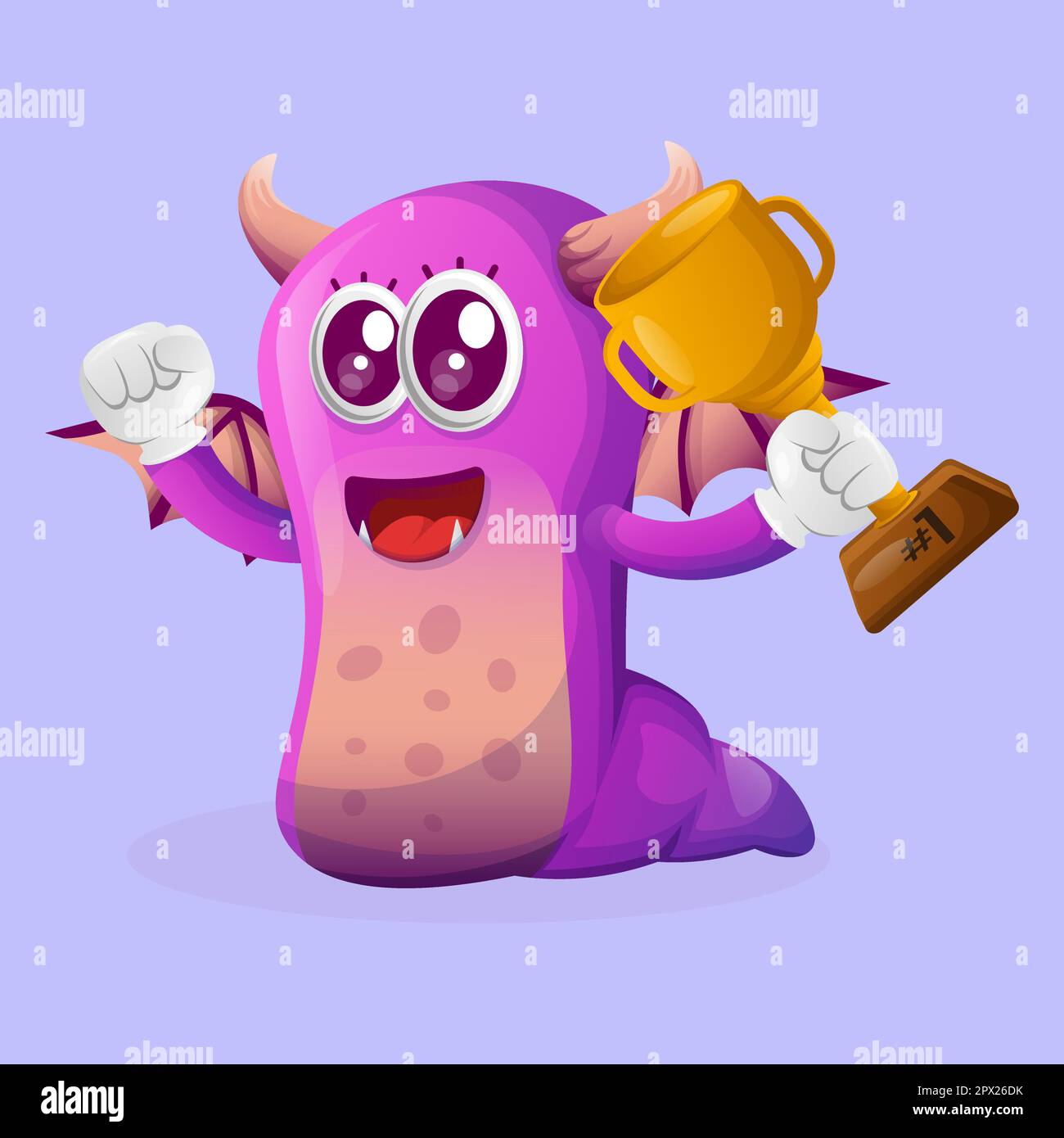 Carino premio di vincita mostro viola e celebrare il successo. Ideale per bambini, piccole aziende o e-commerce, merchandising e adesivi, promozione banner Illustrazione Vettoriale