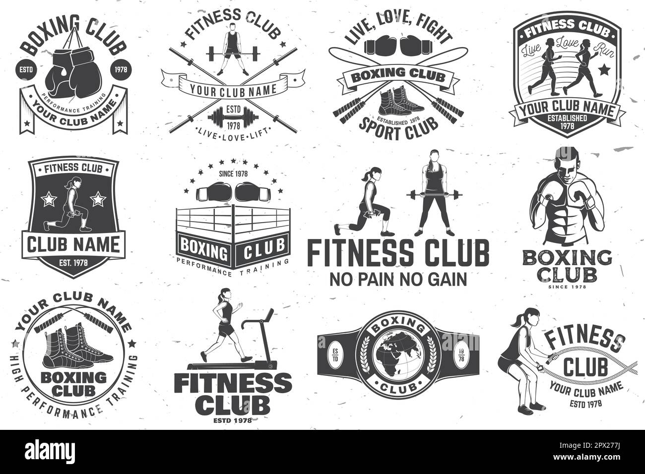 Set di badge per club di pugilato e fitness, logo. Illustrazione vettoriale. Per emblema, cartello, chiosco, camicia, modello sportivo. Ragazza con Barbell, pugile Illustrazione Vettoriale