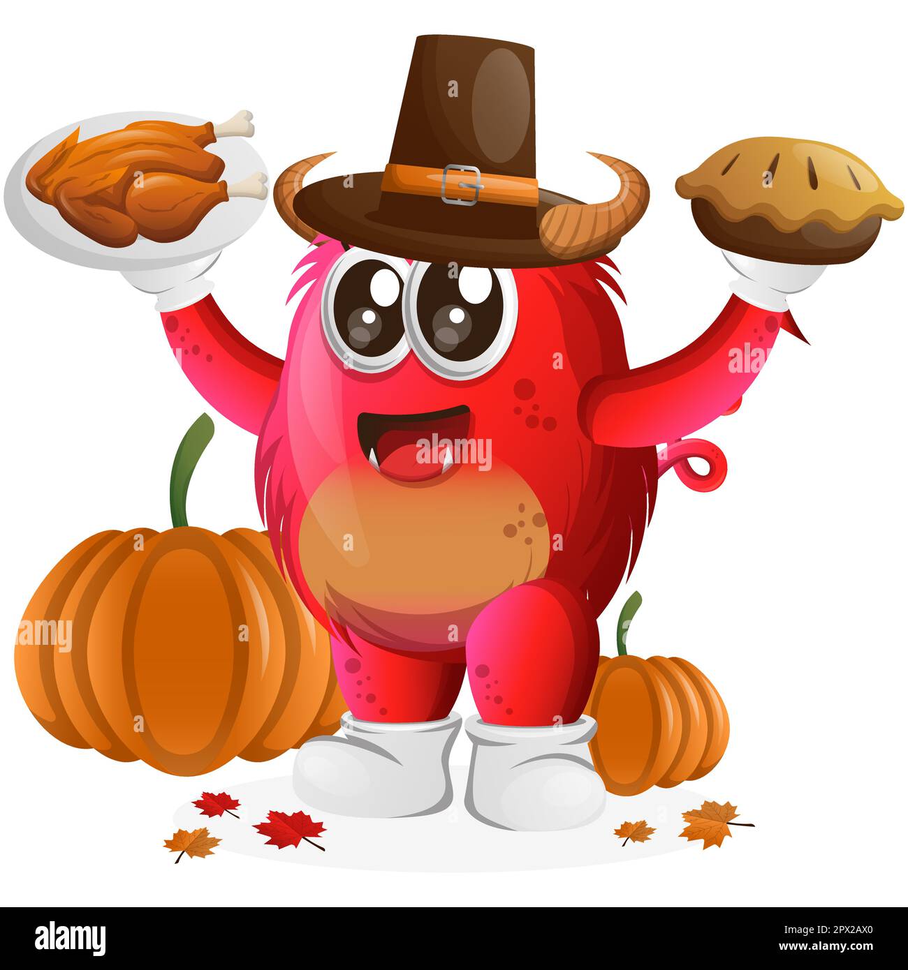 Simpatico mostro rosso celebrare il ringraziamento. Perfetto per bambini, piccole imprese o e-commerce, merchandise adesivi, promozione banner, blog o vlog chann Illustrazione Vettoriale