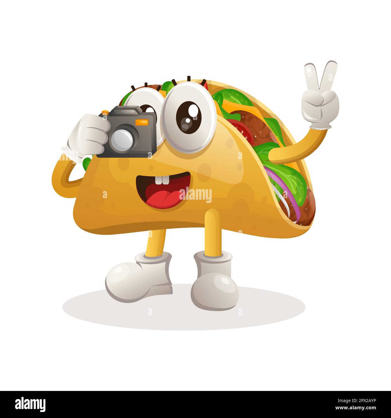 Carino taco scattare foto con la fotocamera. Perfetto per negozi di alimentari, piccole imprese o e-commerce, merchandise adesivi, promozione banner, blog di revisione alimentare Illustrazione Vettoriale