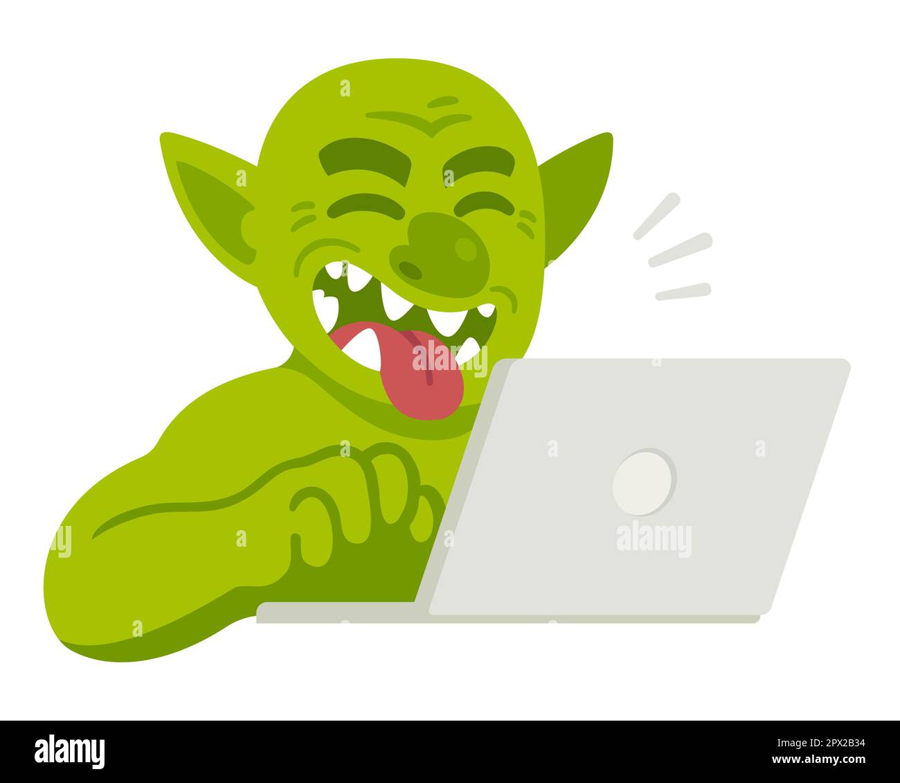 Cartoon Internet troll digitando commento sul computer portatile, ridendo con lingua che esce. Divertente illustrazione vettoriale di trolling o cyberbullismo. Illustrazione Vettoriale