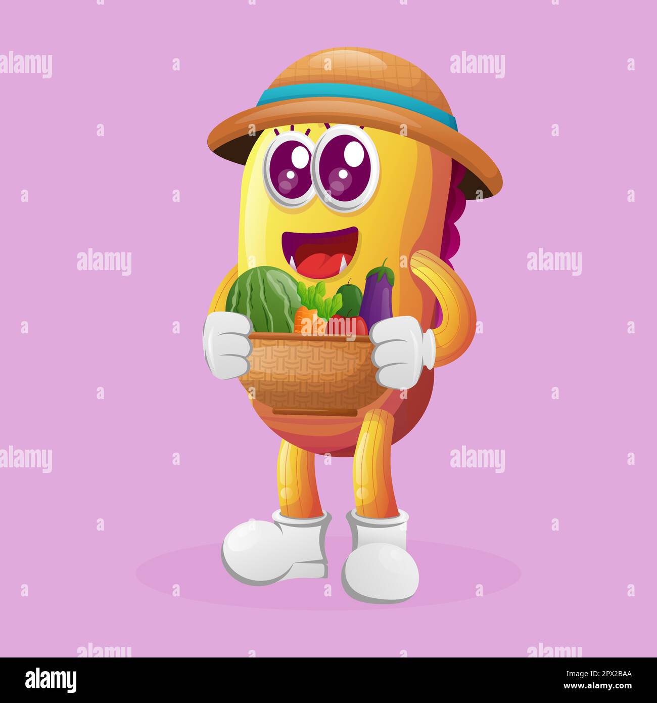 Carino mostro giallo trasporta varietà di verdure fresche e frutta. Perfetto per bambini, piccole imprese o e-commerce, merchandise adesivi, banner pr Illustrazione Vettoriale