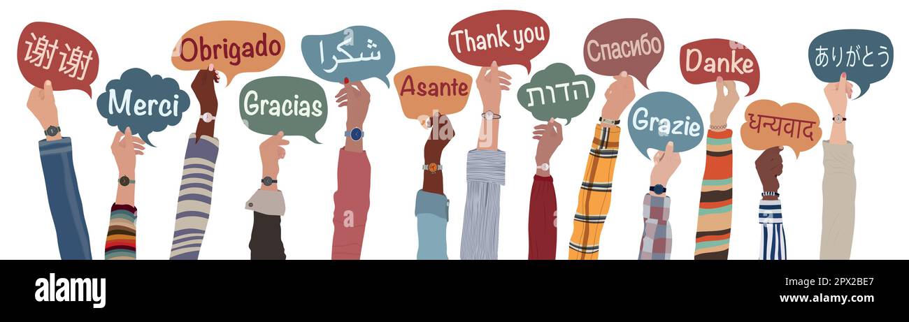 Braccia e mani alzate di persone multiculturali di diverse nazioni e continenti tenendo bolle di discorso con testo -grazie- in varie lingue Illustrazione Vettoriale