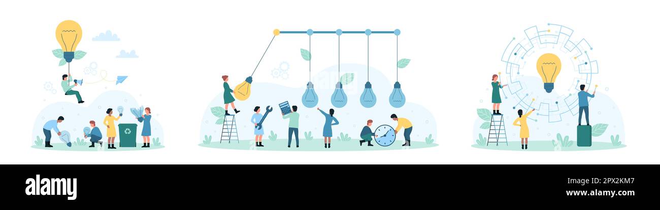 Buone e cattive idee, leadership set vettore illustrazione. Cartone animato gente piccola raccoglie le lampadine rotte nei rifiuti può, lavoro sul collegamento del circuito, capo con la lampada luminosa che risolve il problema di affari Illustrazione Vettoriale