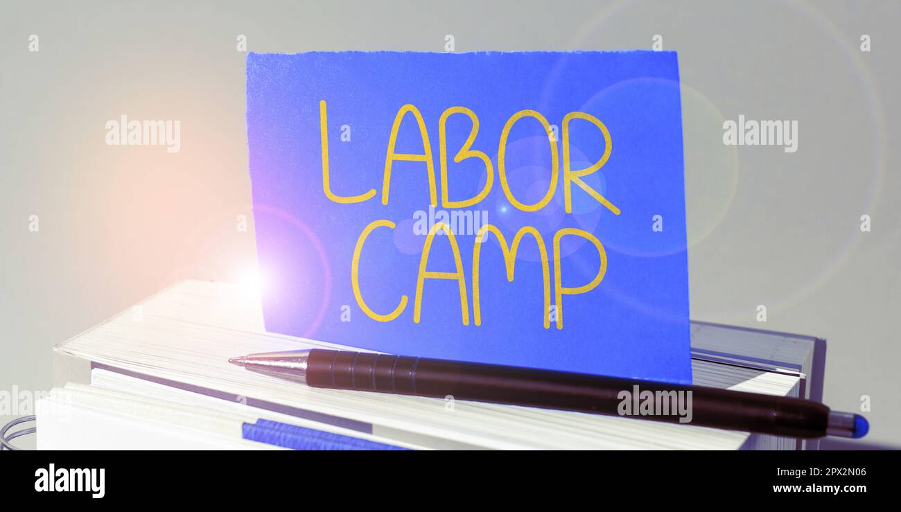 Scrittura che mostra testo Labor Camp, concetto che significa una colonia penale in cui viene eseguito il lavoro forzato Foto Stock