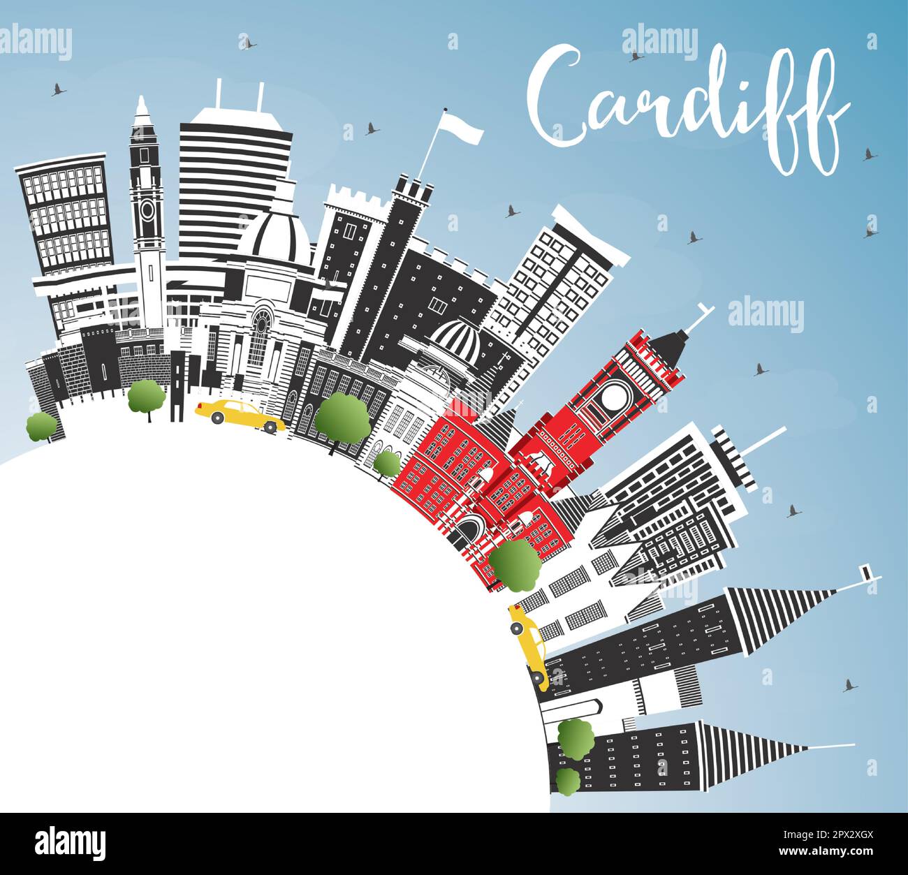 Cardiff Wales City Skyline con edifici a colori, Blue Sky e Copy Space. Illustrazione vettoriale. Cardiff Regno Unito paesaggio urbano con punti di riferimento. Illustrazione Vettoriale