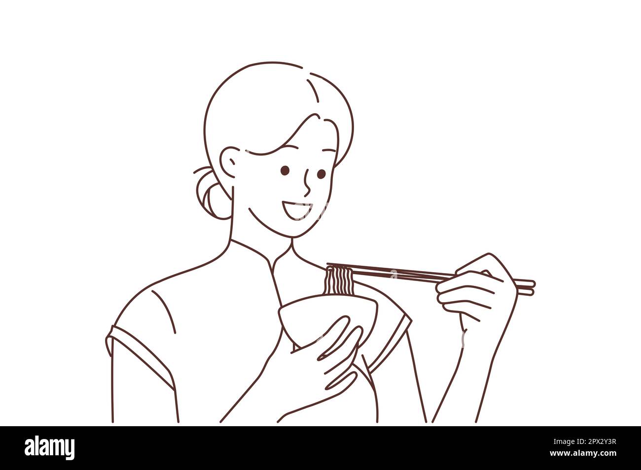 Donna sorridente in abiti tradizionali mangiare noodle con bacchette. Felice femmina gustare il cibo asiatico dalla ciotola. Cultura e cucina. Illustrazione vettoriale. Foto Stock