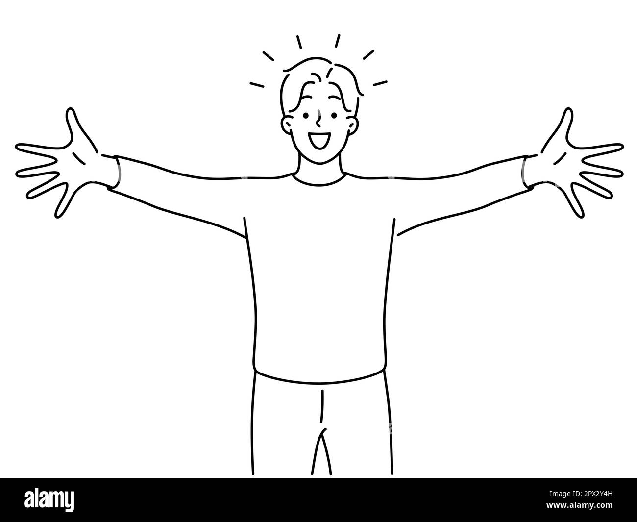 Giovane eccitato allunga le mani per abbracciare o abbracciare. Un ragazzo sorridente dà il benvenuto o incontra qualcuno che si sente emotivo. Illustrazione vettoriale. Foto Stock