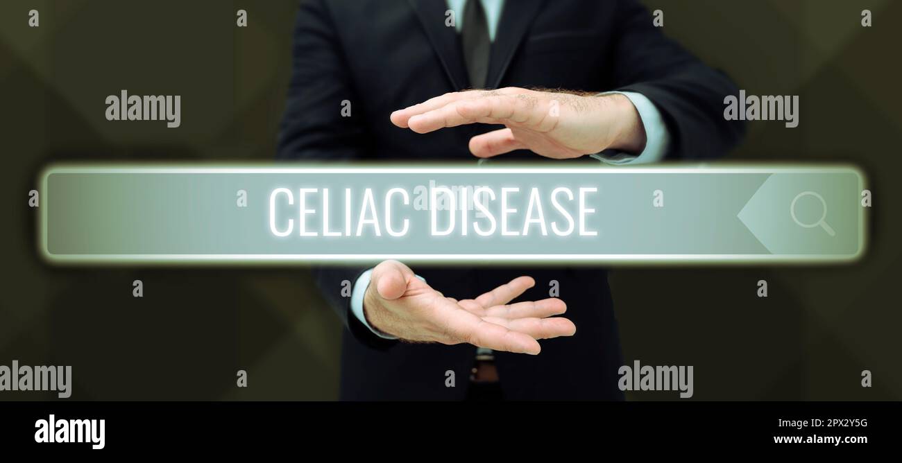 Didascalia concettuale malattia celiaca, parola scritta su intestino tenue è ipersensibile al problema di digestione del glutine Foto Stock