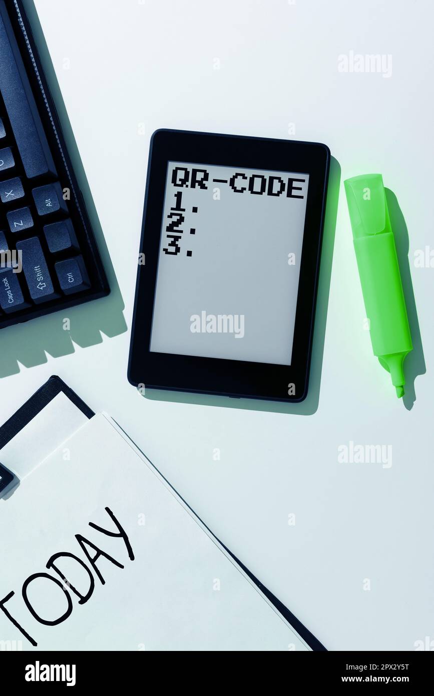 Segno che mostra il codice QR, Word per il marchio per un tipo di codice a barre matrice Un codice leggibile dalla macchina Foto Stock