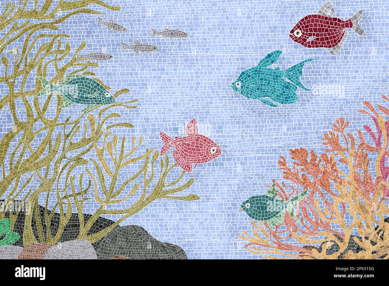 Scena subacquea con pesci e piante colorate, sfondo dell'acquario mosaico grafico vettoriale Illustrazione Vettoriale
