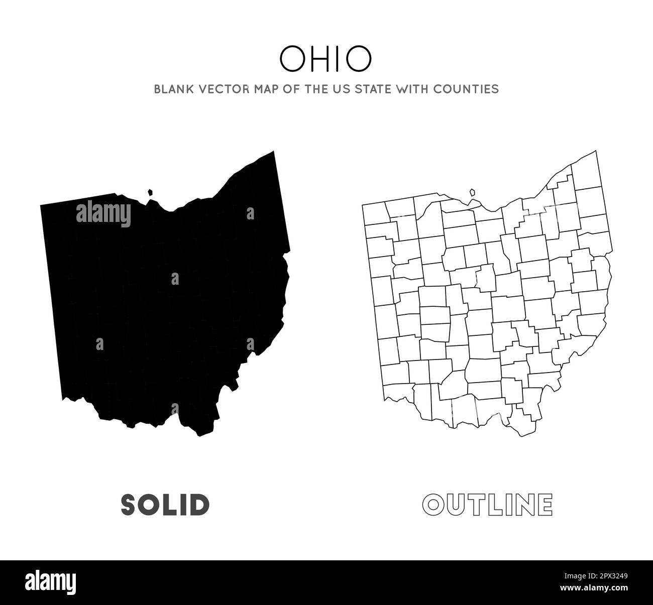 Mappa dell'Ohio. Mappa vettoriale vuota dello stato degli Stati Uniti con le contee. Confini dell'Ohio per la vostra infografica. Illustrazione vettoriale. Illustrazione Vettoriale