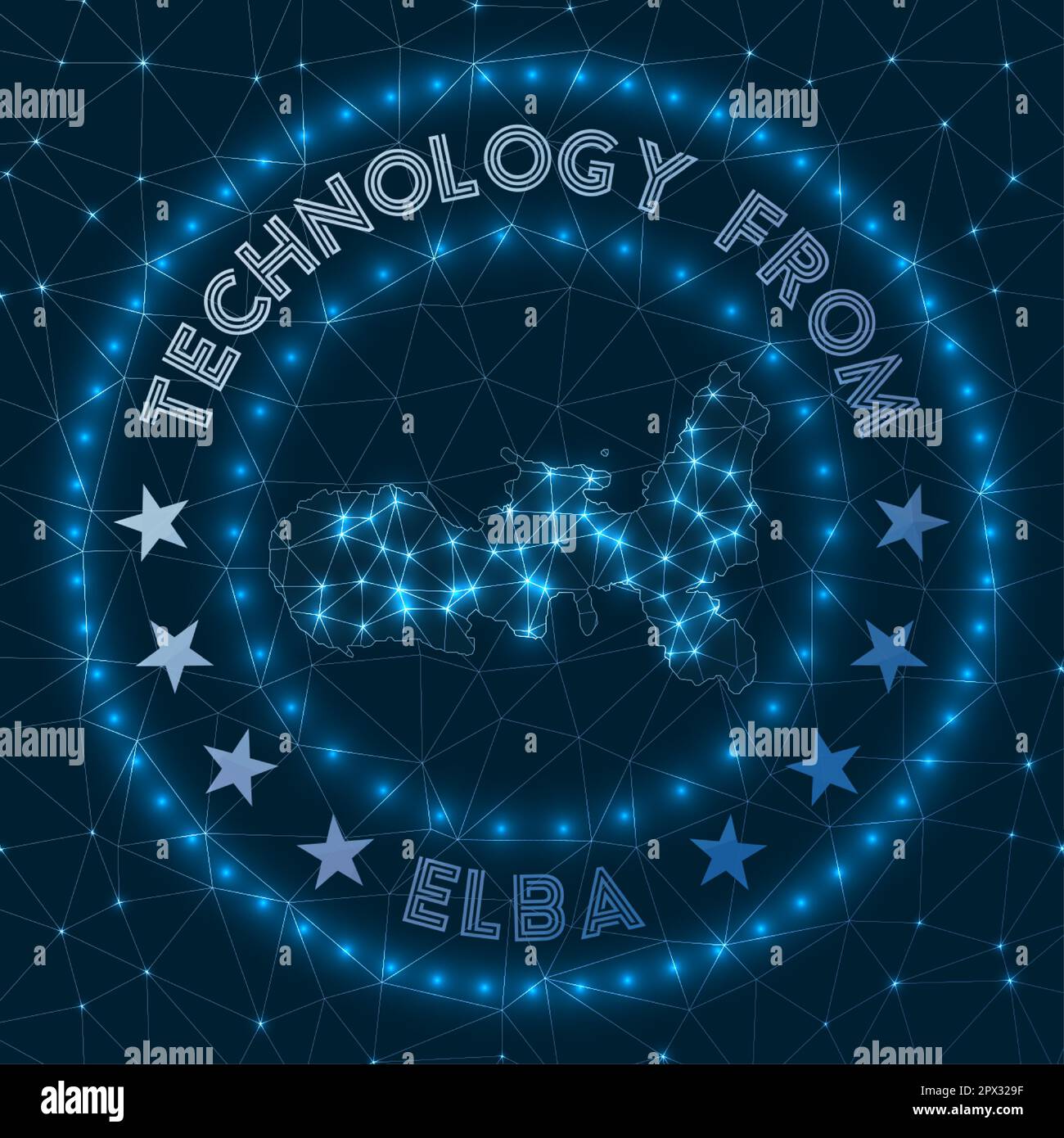 Tecnologia all'Elba. Distintivo geometrico futuristico dell'isola. Concetto tecnologico. Logo rotondo Elba. Illustrazione vettoriale. Illustrazione Vettoriale