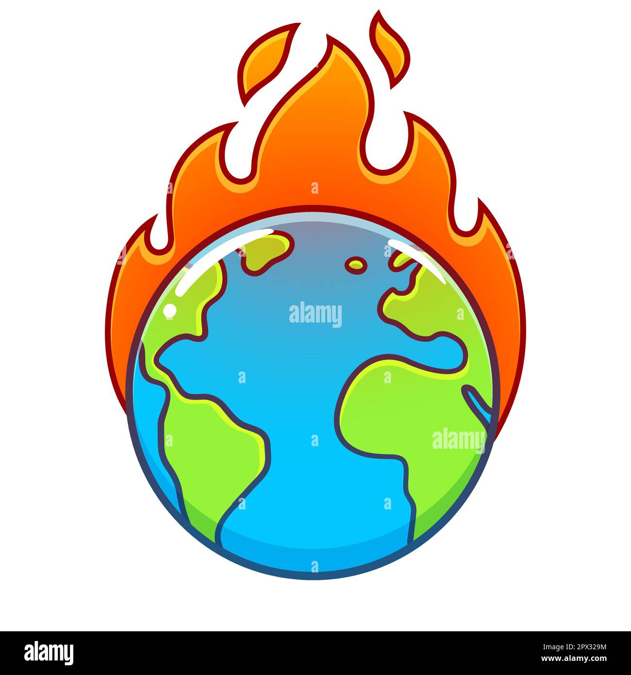 Cartone animato pianeta Terra su fuoco, riscaldamento globale e disegno di crisi climatica. Illustrazione di clip vettoriali per ambiente ed ecologia. Illustrazione Vettoriale