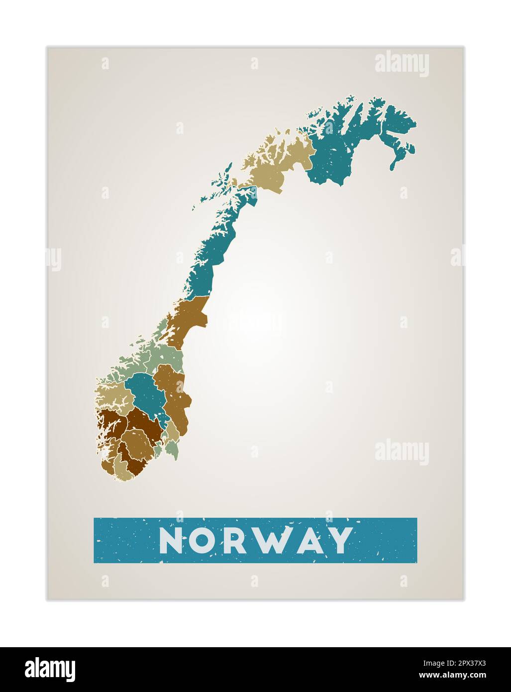 Mappa della Norvegia. Poster del paese con le regioni. Vecchio grunge texture. Forma della Norvegia con nome del paese. Illustrazione del vettore freddo. Illustrazione Vettoriale