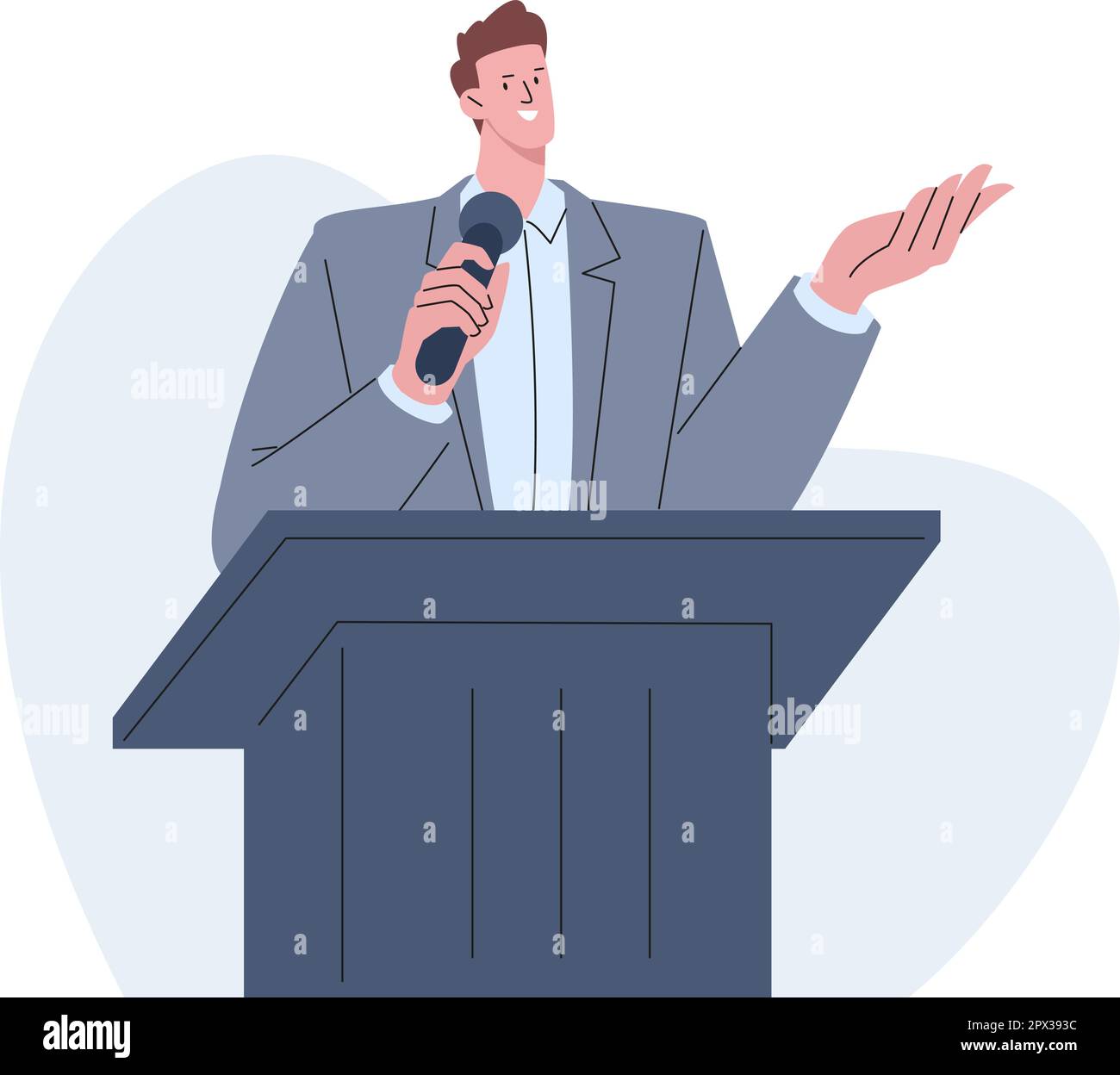 Relatore su discorso di lezione dal palco. Formazione o seminario, discorso politico. Leader aziendale, professore uomo con microfono, scena vettoriale kicky Illustrazione Vettoriale