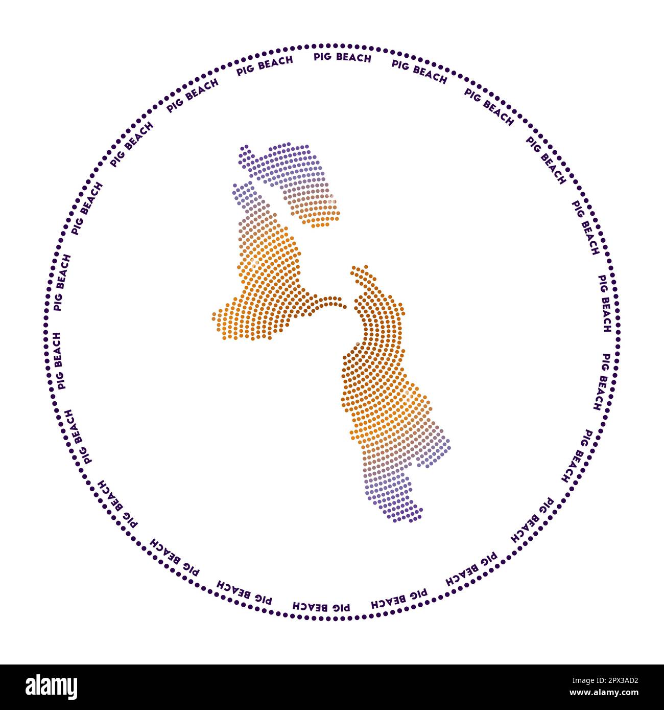 Logo rotondo di Pig Beach. Forma in stile digitale di Pig Beach in cerchio punteggiato con il nome dell'isola. Icona tecnologica dell'isola con punti sfumati. Illustrazione Vettoriale