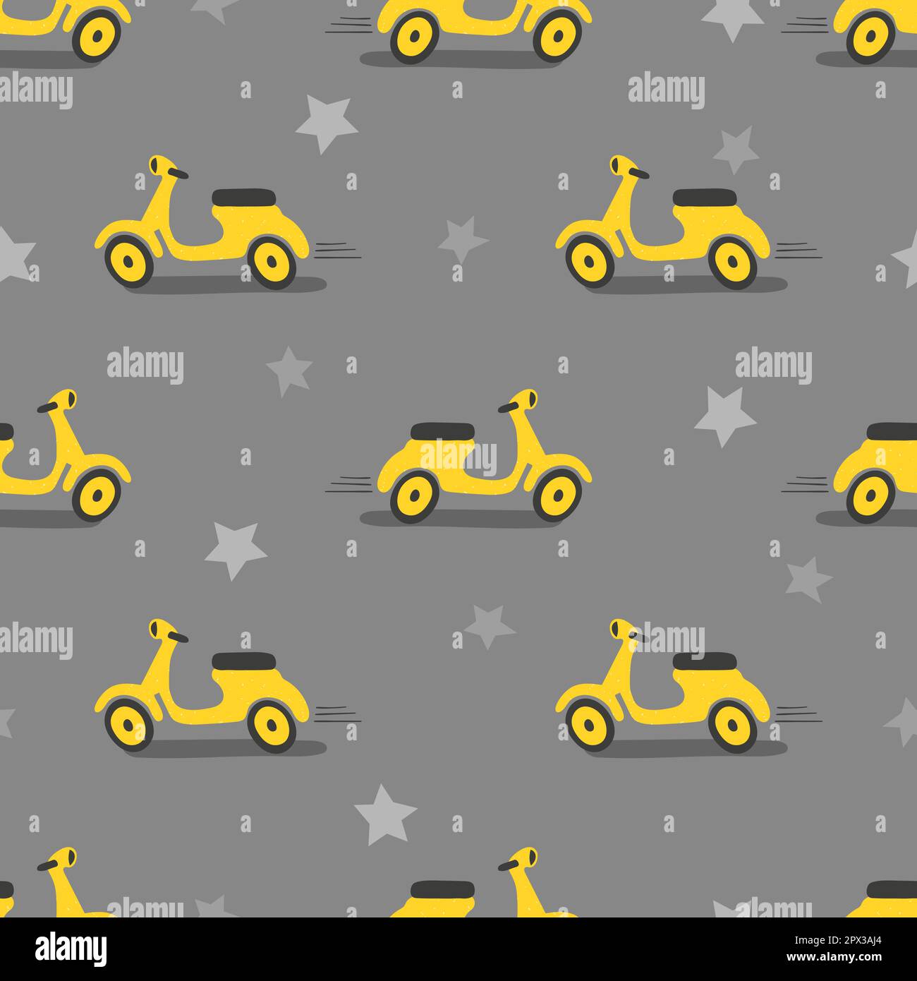 Motivo scooters cartoon giallo senza cuciture. Illustrazione vettoriale della strada per il design dei bambini. Illustrazione Vettoriale