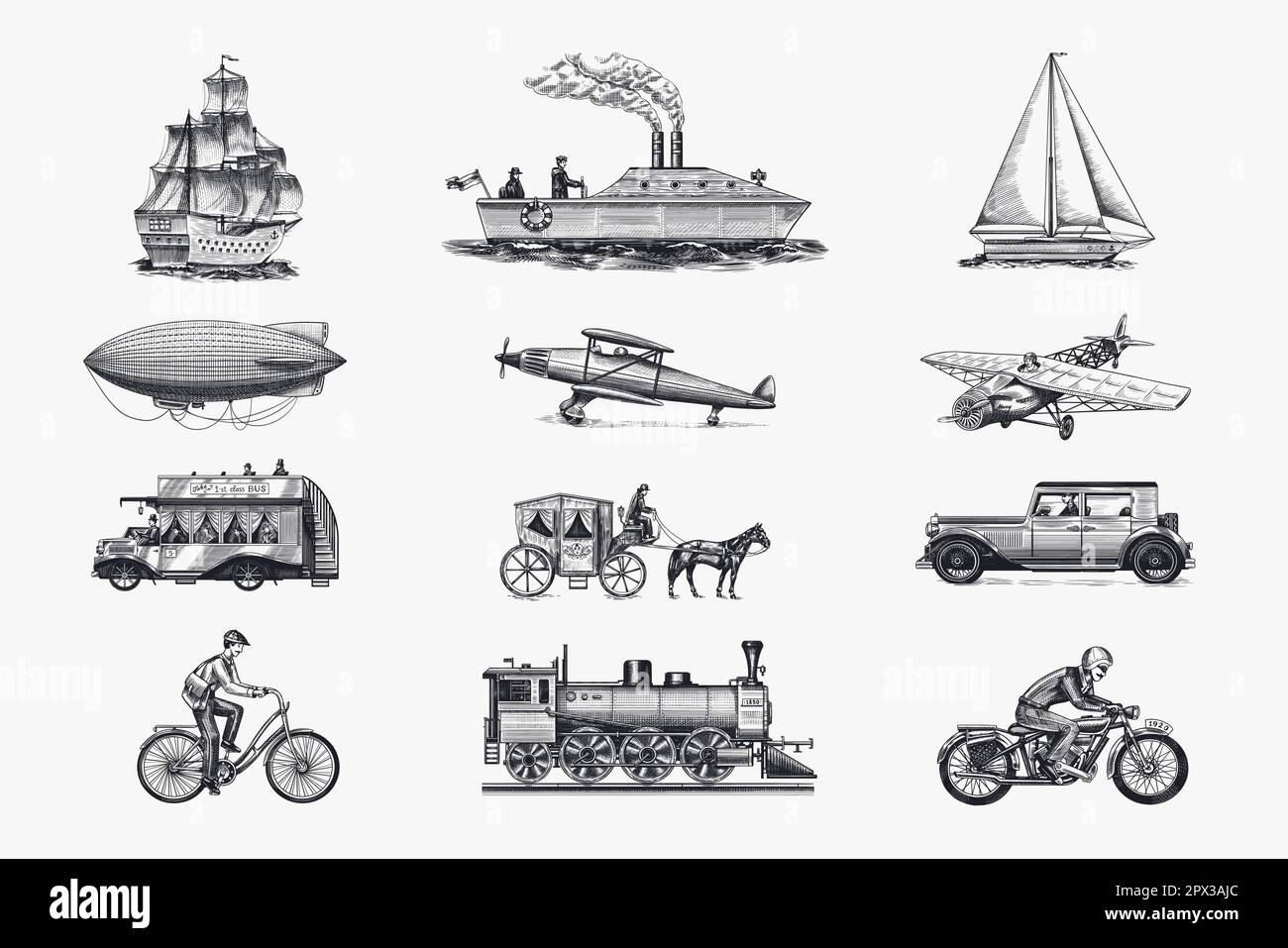 Sottomarino, barca e auto, moto, carrozza trainata da cavalli. Nave aerea o dirigibile, mongolfiera, aerei corncob, locomotiva. Inciso a mano disegnato in vecchio Illustrazione Vettoriale Sottomarino, barca e auto, moto, carrozza trainata da cavalli. Nave aerea o dirigibile, mongolfiera, aerei corncob, locomotiva. Inciso a mano disegnato in vecchio Illustrazione Vettoriale