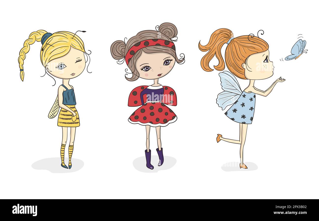 Set di simpatiche ragazze cartoni animati in costumi di api, coccinelle e farfalle. Illustrazione vettoriale per le ragazze piccole. Illustrazione Vettoriale