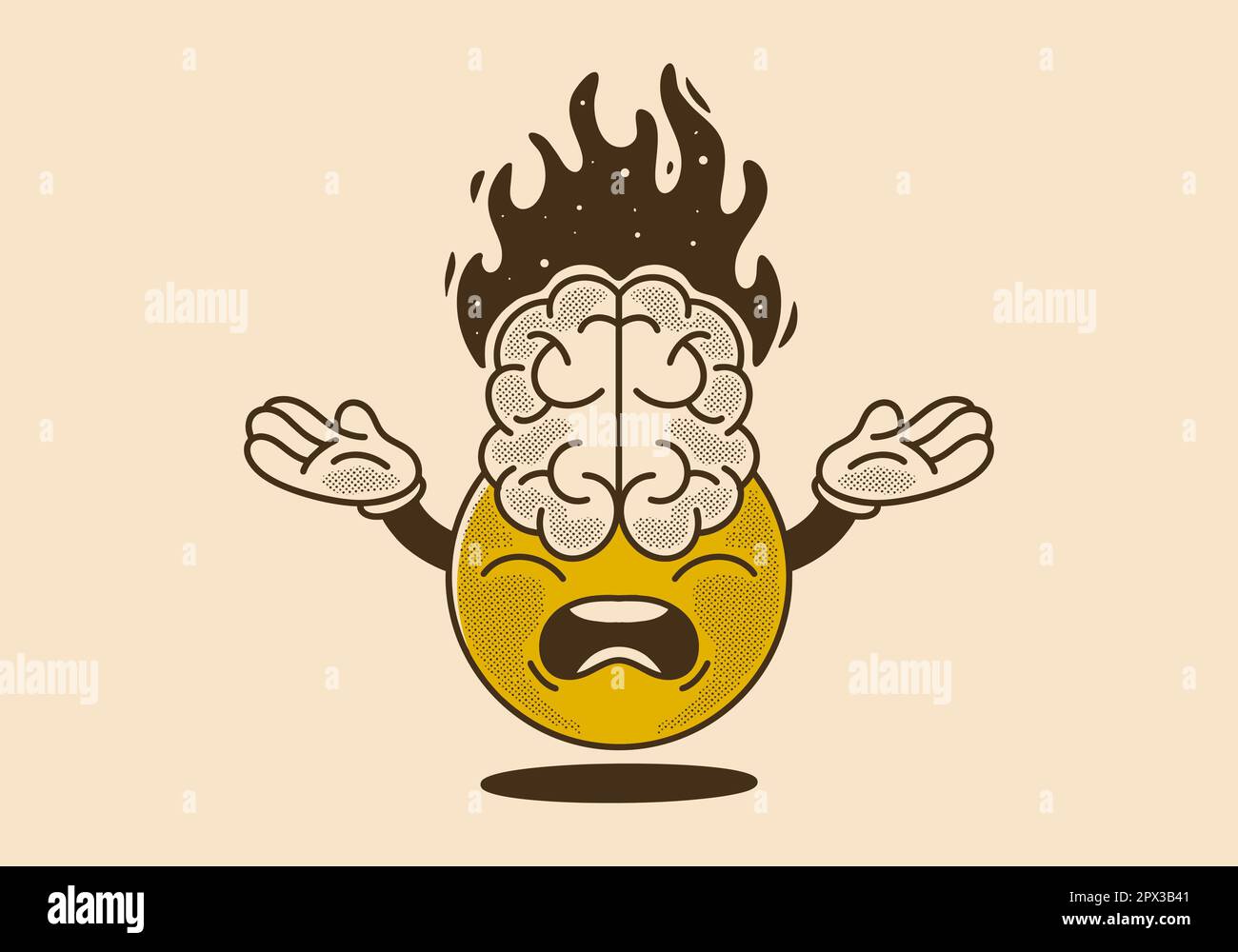 Mascotte vintage carattere design della testa di palla carattere con grande cervello e fuoco fiamma Illustrazione Vettoriale