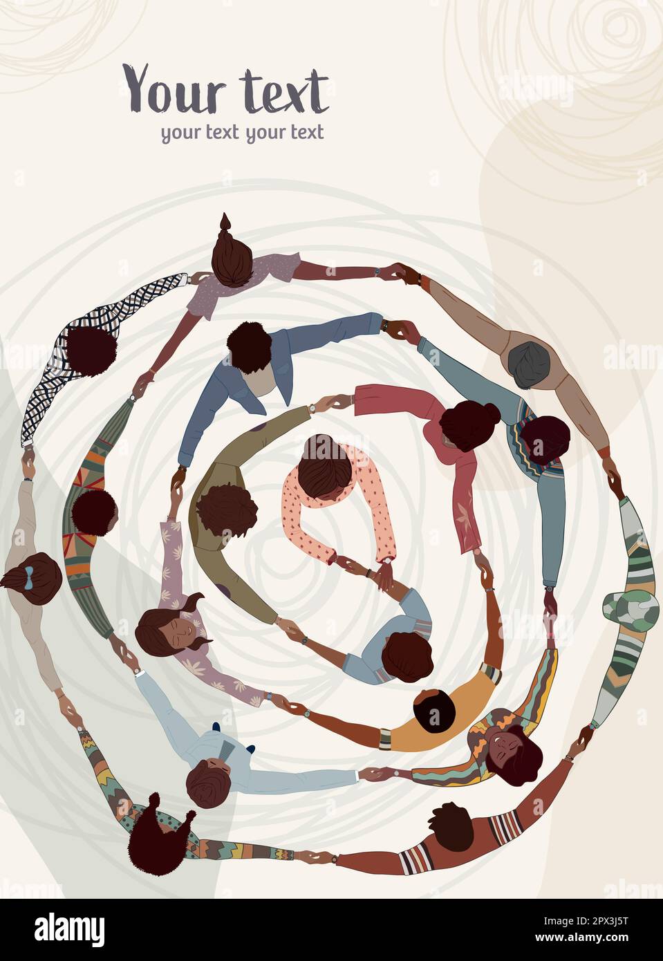 Pelle nera Afro americano uomini donne gruppo di persone tenendo le mani in una spirale circle.Top view.Template banner spazio copia. Mese storico nero Illustrazione Vettoriale