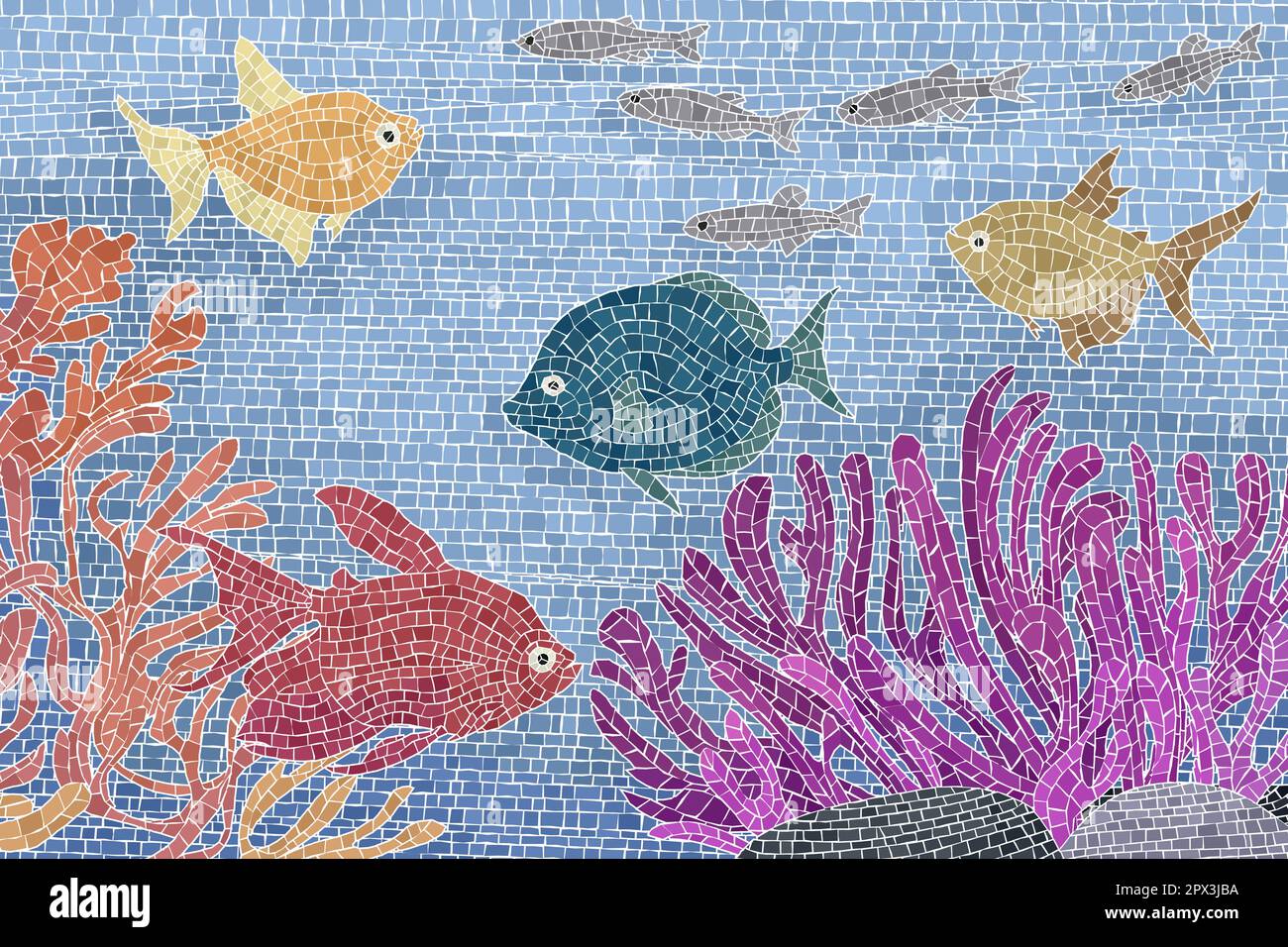 Scena subacquea con pesci e piante colorate, sfondo dell'acquario mosaico grafico vettoriale Illustrazione Vettoriale