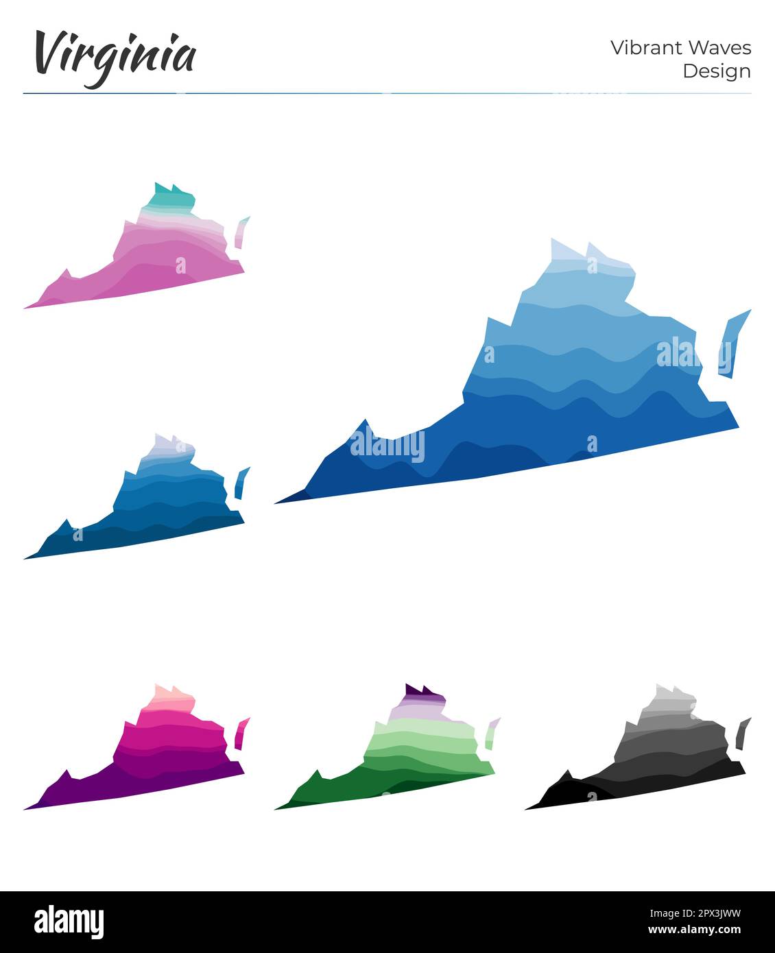 Serie di mappe vettoriali della Virginia. Design dalle onde vibranti. Mappa luminosa dello stato degli Stati Uniti in stile geometrico con curve uniformi. Illustrazione Vettoriale