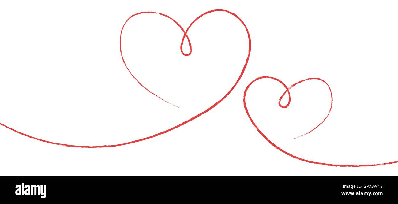 Linee sottili rosse due cuori d'amore su sfondo bianco - illustrazione vettoriale Foto Stock
