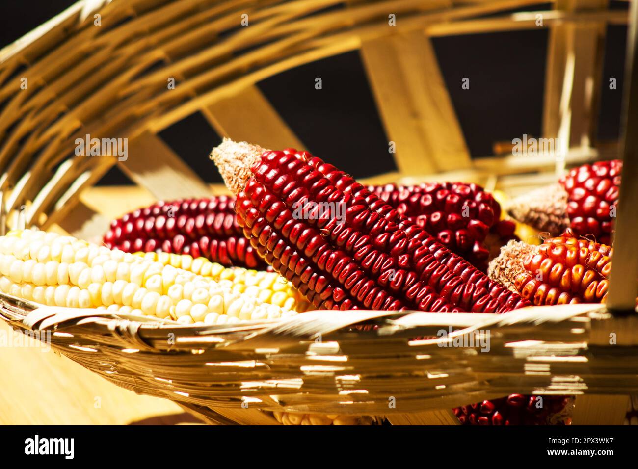 Mazzo di mais indiano sulla pannocchia in un cestino Foto Stock