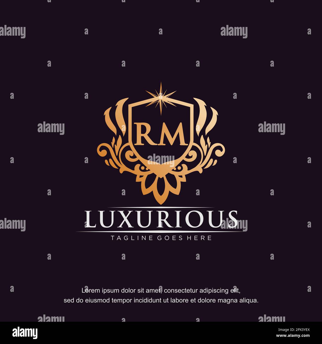 RM lettera iniziale lusso ornamento oro monogramma logo modello vettore. Illustrazione Vettoriale
