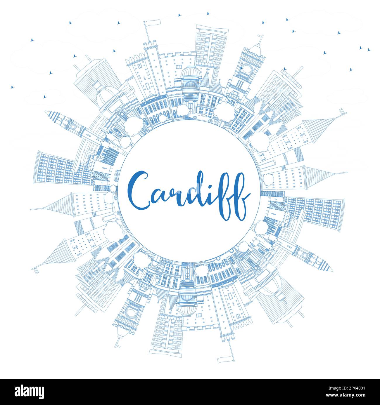 Delineate lo skyline di Cardiff Wales con edifici blu e Copy Space. Illustrazione vettoriale. Cardiff Regno Unito paesaggio urbano con punti di riferimento. Illustrazione Vettoriale