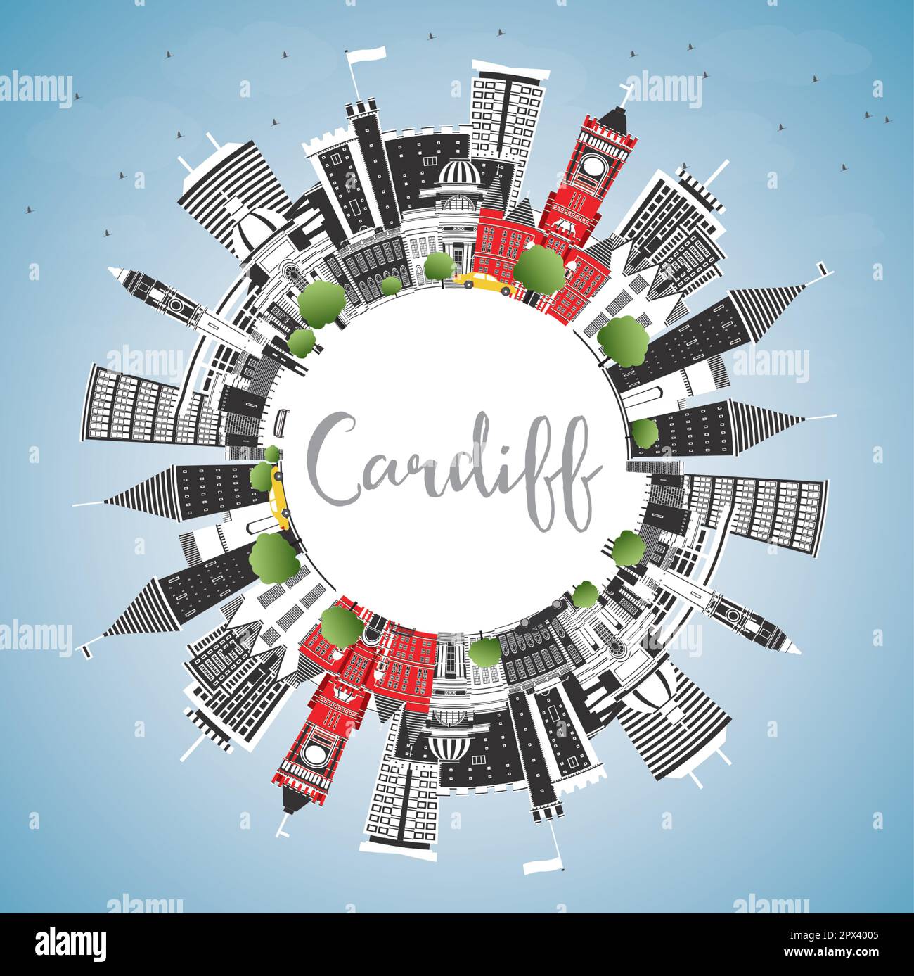 Cardiff Wales City Skyline con edifici a colori, Blue Sky e Copy Space. Illustrazione vettoriale. Cardiff Regno Unito paesaggio urbano con punti di riferimento. Illustrazione Vettoriale