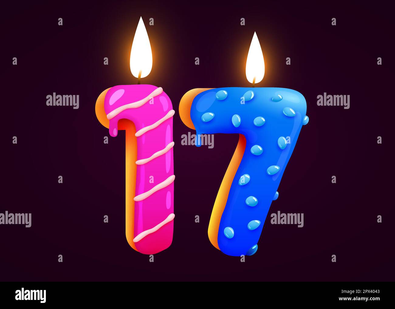 Torta di compleanno numero font 17 con candela. Un anniversario. Gustosa collezione. Illustrazione vettoriale Illustrazione Vettoriale
