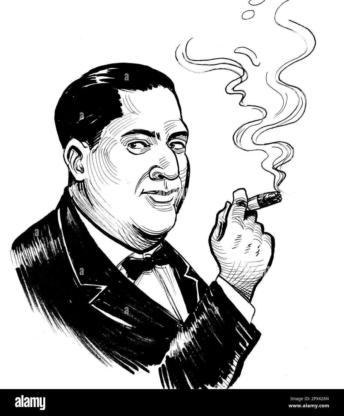 Sigaro fumante uomo ricco. Inchiostro disegnato a mano in stile retrò su uno schizzo di carta. Foto Stock