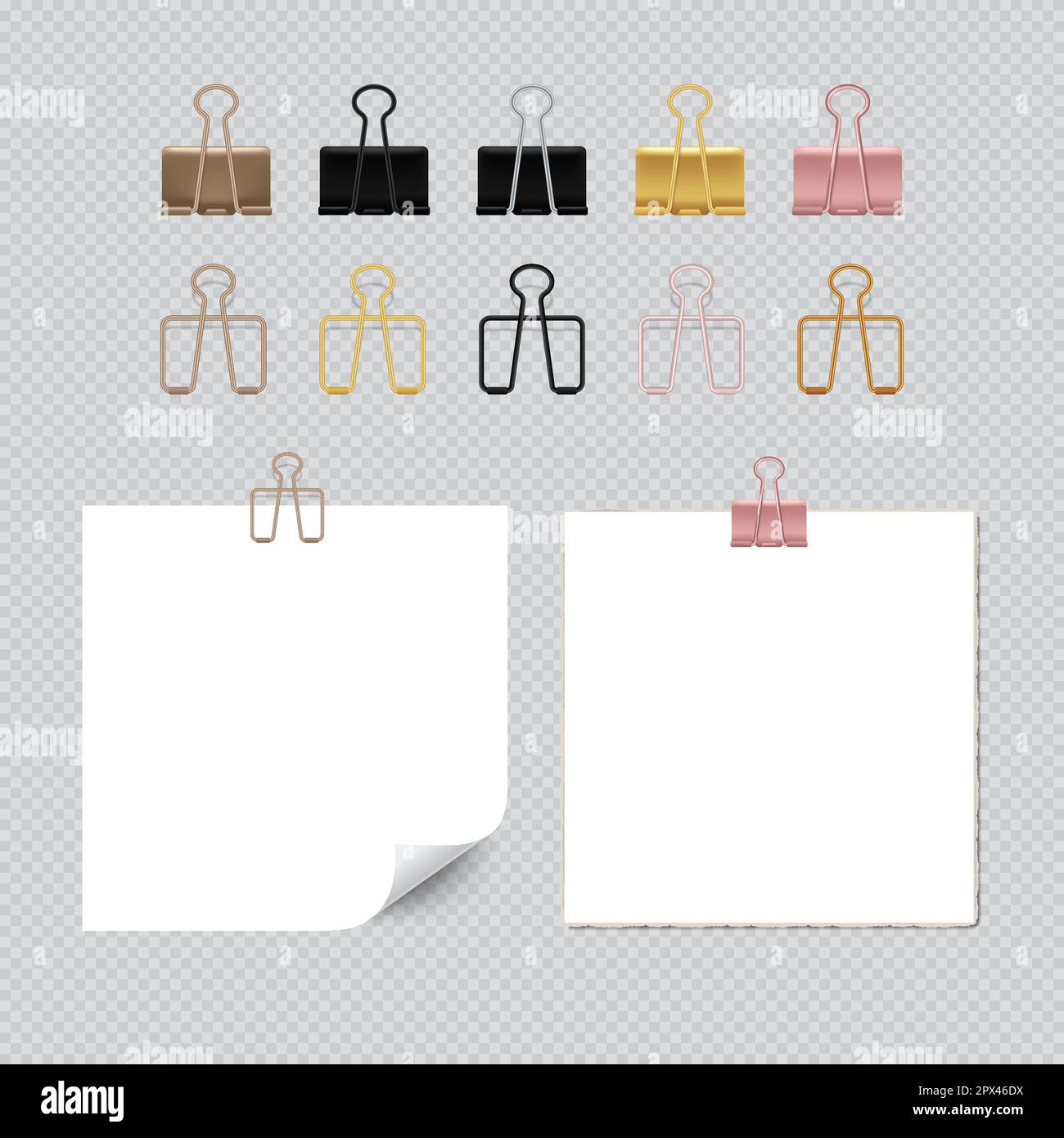 Set di raccoglitori, morsetti, fermagli per fogli di documenti, cartoleria in metallo per scuole, accessori per ufficio. Illustrazione realistica del vettore Illustrazione Vettoriale