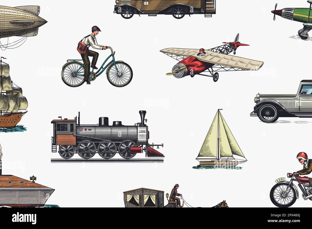 Sottomarino, barca e auto, moto, carrozza trainata da cavalli. Nave aerea o dirigibile, mongolfiera, aerei corncob, locomotiva. Inciso a mano disegnato in vecchio Illustrazione Vettoriale