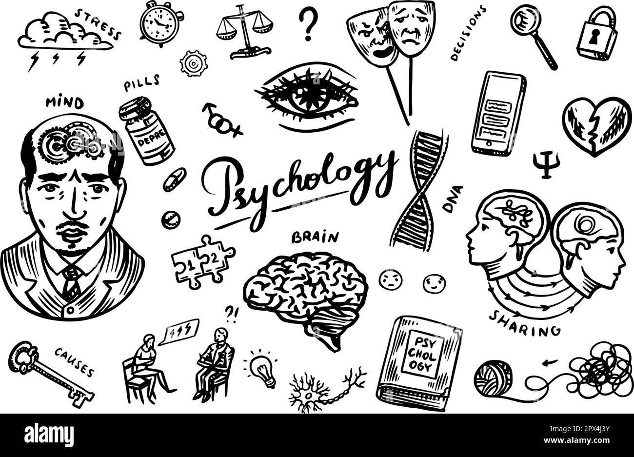 Simboli della scienza psicologica. Psicologo online. Clew e dna, puzzle e chiave. Schizzo disegnato a mano. Aiuto psicologico. Cervello e mente e salute mentale Illustrazione Vettoriale