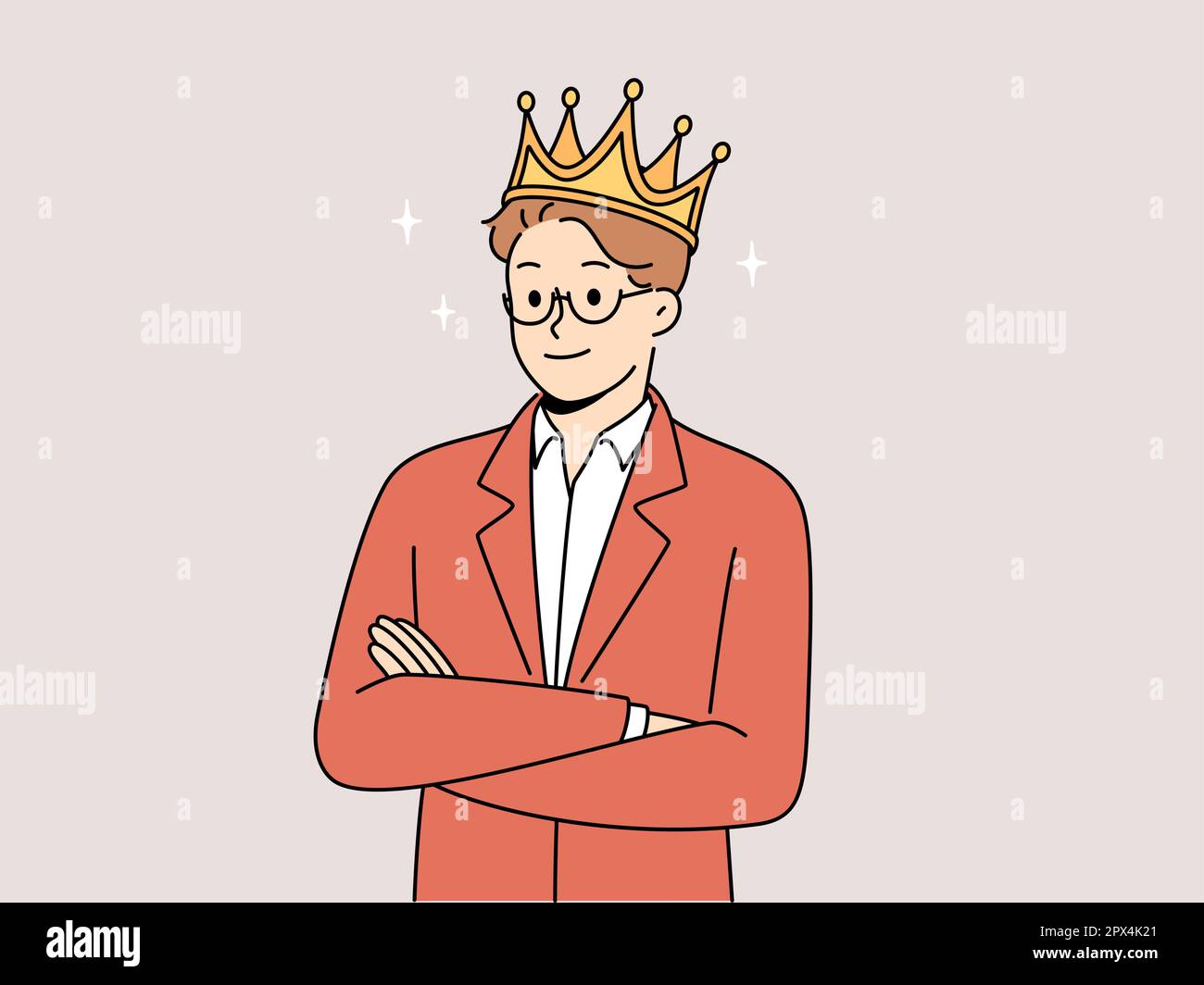 L'uomo sorridente in tuta e la corona d'oro mostrano fiducia e leadership. Uomo fiducioso con alta autostima stand con braccia incrociate. Illustrazione vettoriale. Illustrazione Vettoriale