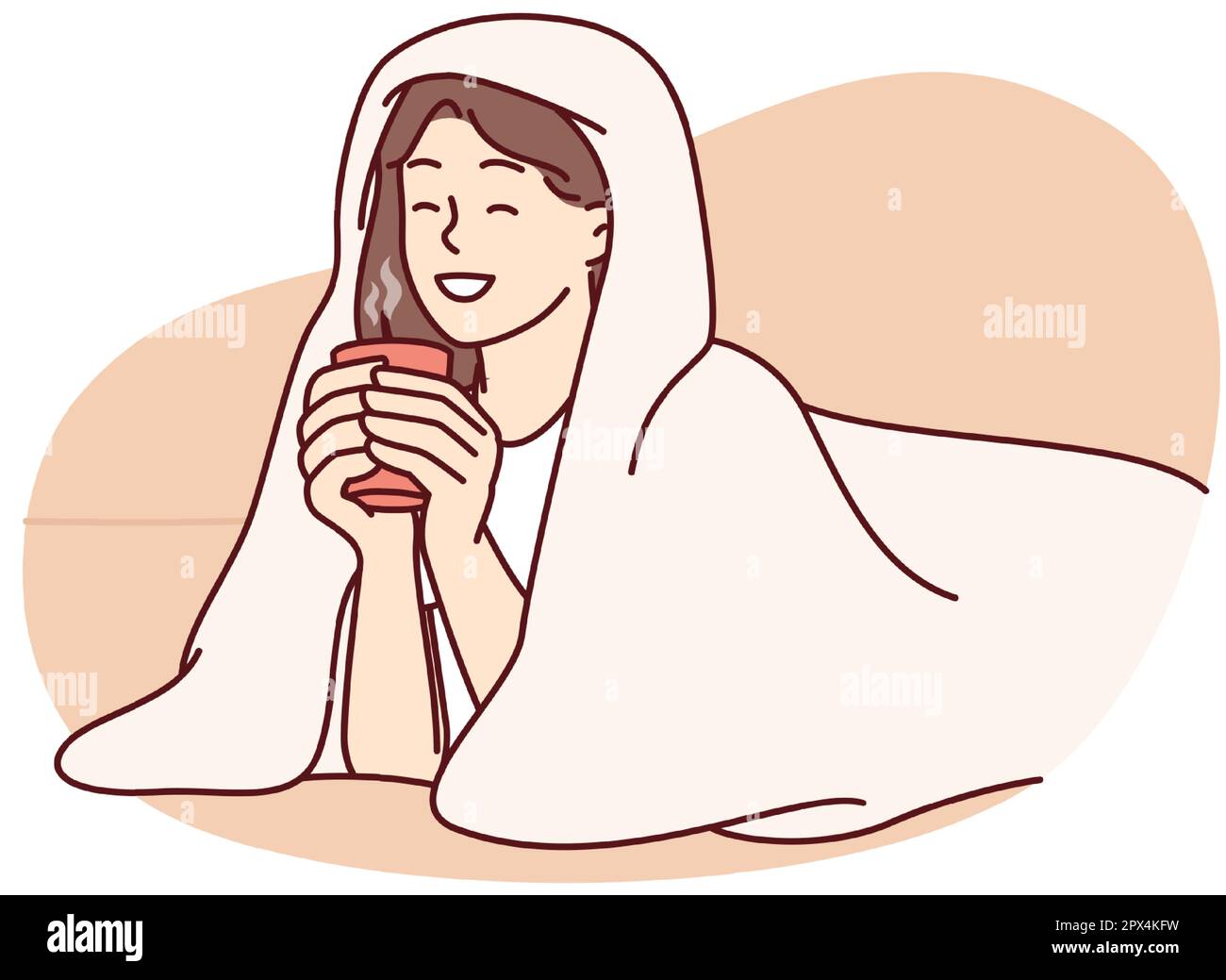 Ragazza con tazza di caffè caldo si trova avvolto in coperta e sorride godendo mattina inverno. Donna che beve una bevanda calda con coperta per mantenere caldo dopo aver camminato sulla strada fredda per il concetto di umore autunnale Illustrazione Vettoriale