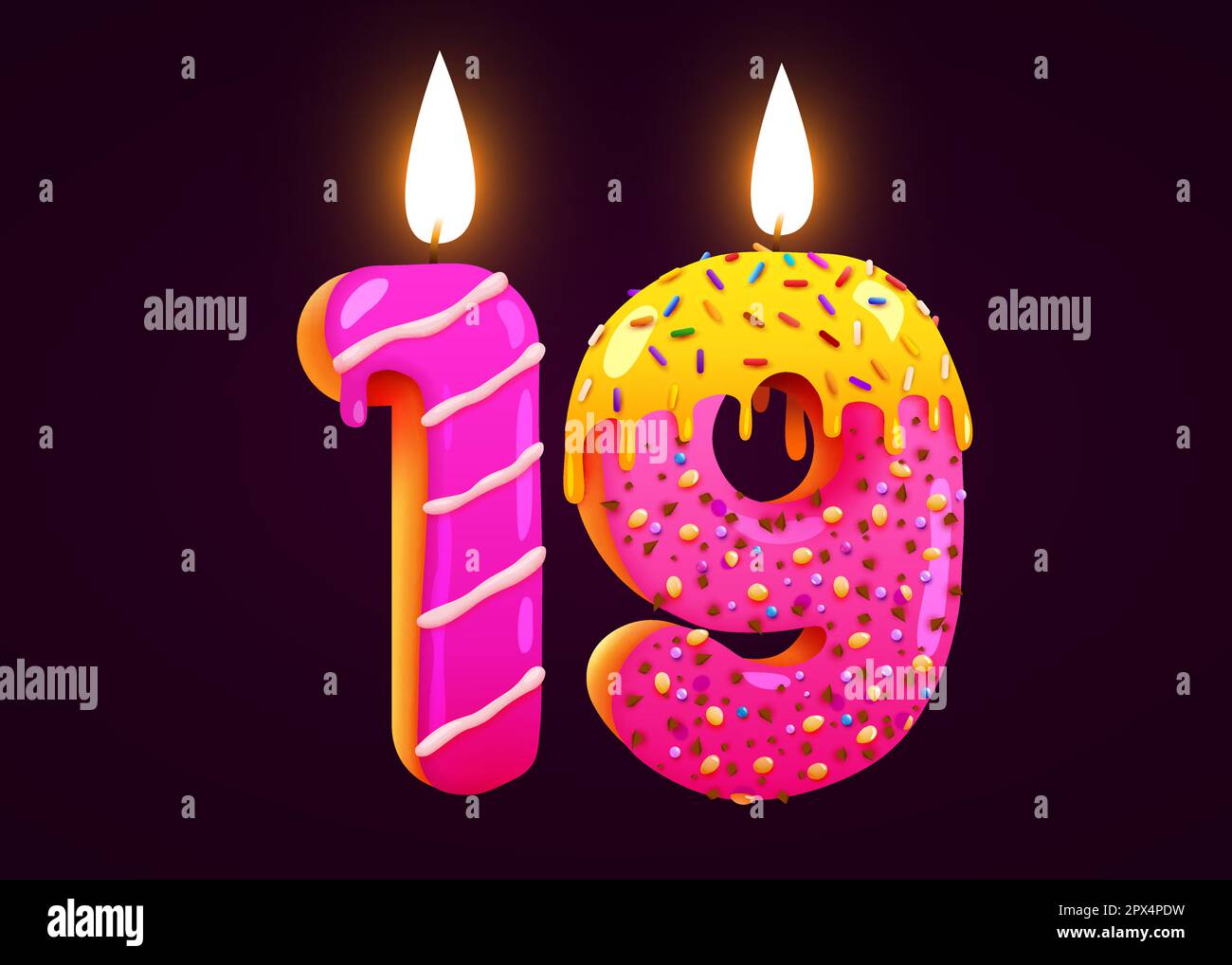 Torta di compleanno numero font 19 con candela. Un anniversario. Gustosa collezione. Illustrazione vettoriale Illustrazione Vettoriale