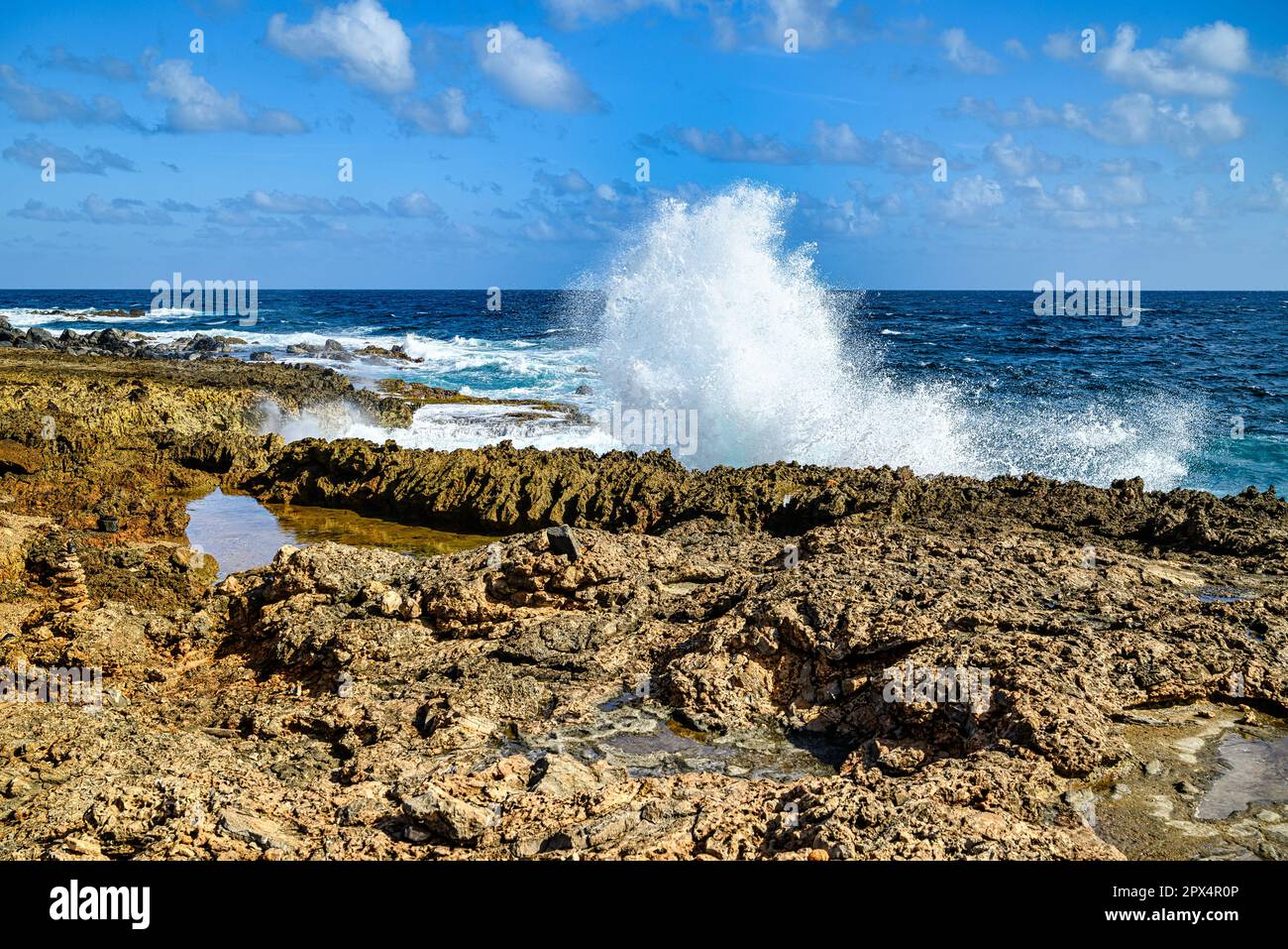 Vista sulla costa rocciosa di Aruba e sul Mar dei Caraibi Foto Stock