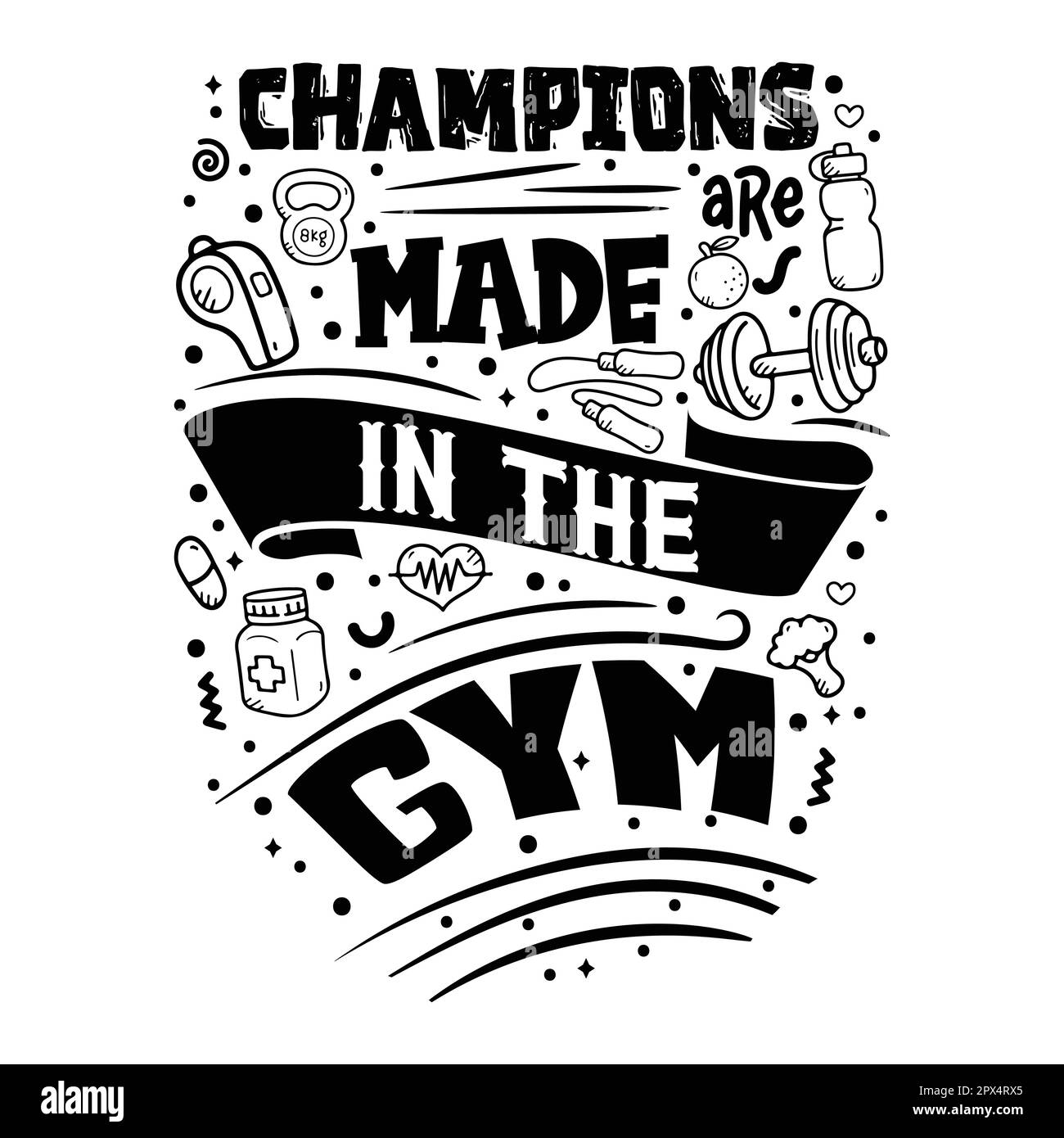 I campioni sono realizzati in palestra con scritte astratte sullo sport e sul fitness per un poster o un disegno stampato. Stile di vita sano. Calligrafia moderna Illustrazione Vettoriale