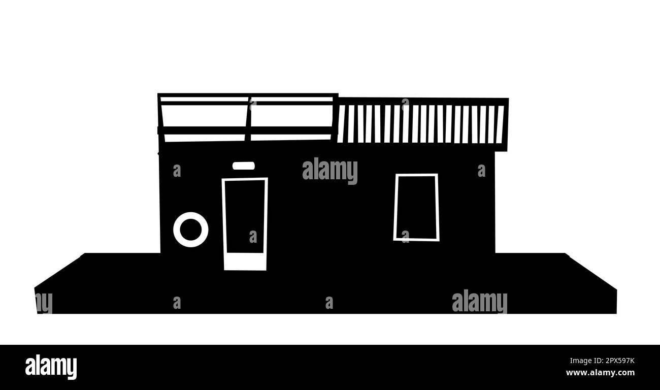 Casa galleggiante. Design di silhouette. Abitazione con piccolo cortile sull'acqua. Isolato su sfondo bianco. Vettore di illustrazione. Illustrazione Vettoriale