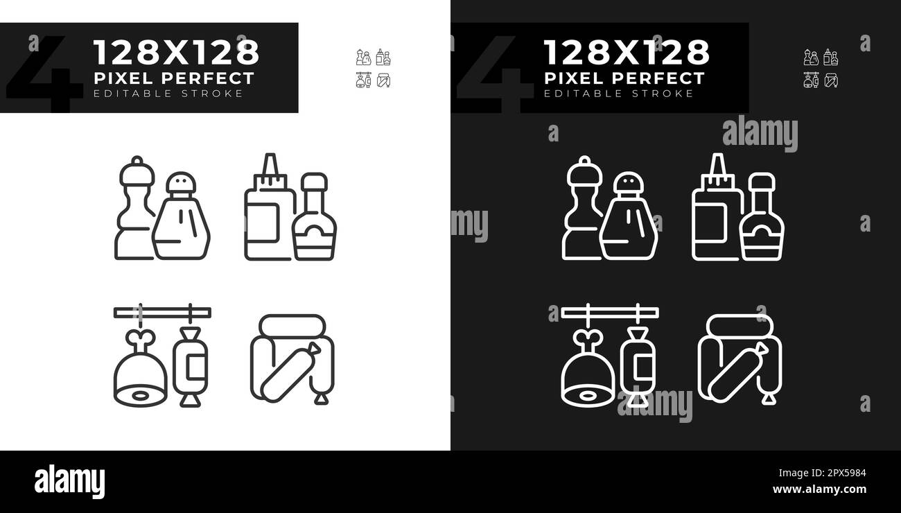 Barbecue cibo pixel perfetta icone lineari impostate per la modalità scuro e chiaro Illustrazione Vettoriale